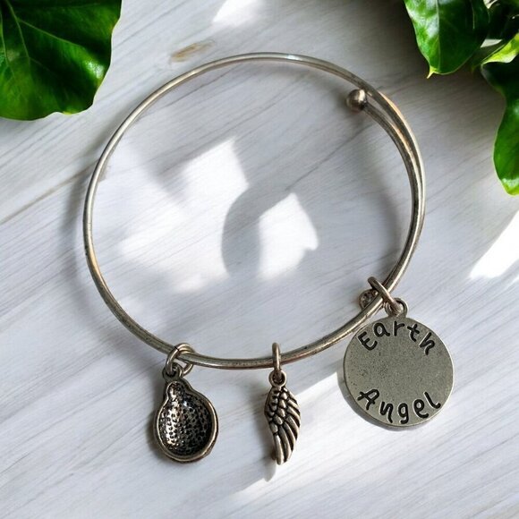 Earth Angel Ladybug Charm Bangle Silver Tone Metal Red Enamel Adjustable - Picture 2 of 2